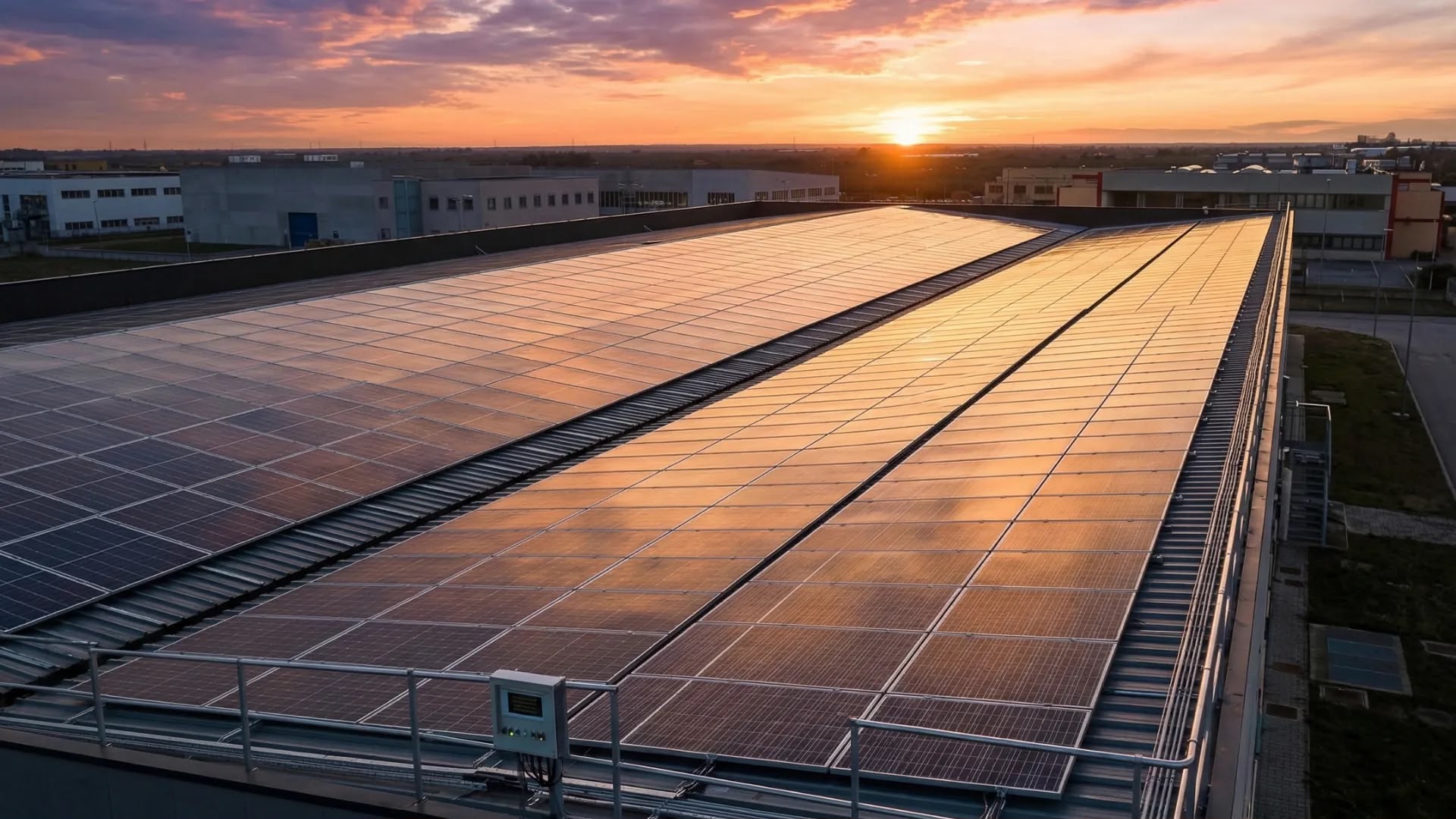 Impianto fotovoltaico su copertura industriale al tramonto